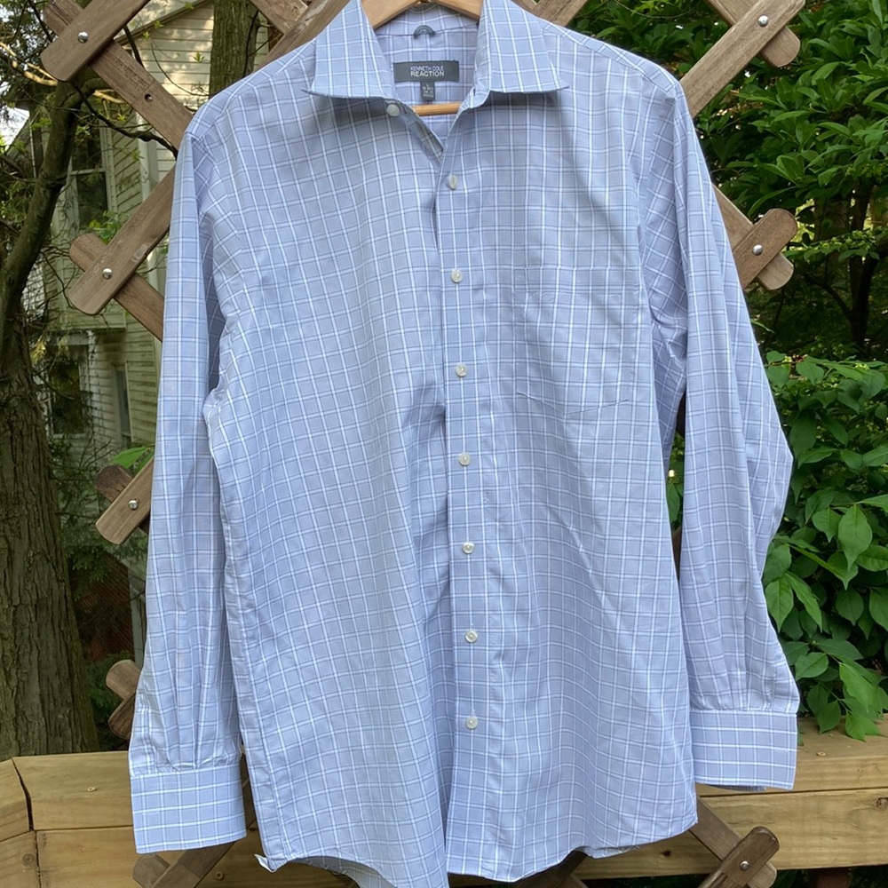 Kenneth Cole Reaction dress shirt gray black white plaid, size L (16-16.5 34/35)